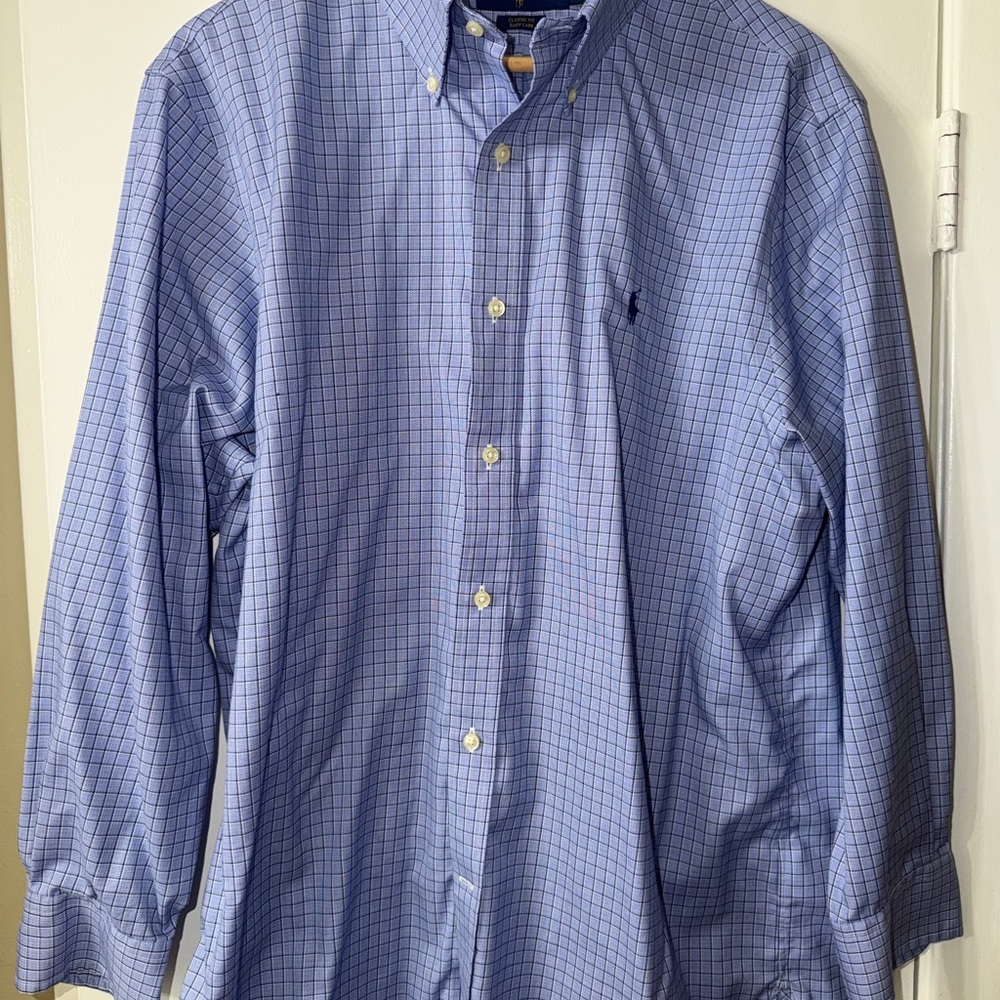 Polo Ralph Lauren Dress Shirt 17 32/33 Classic Fit Blue Check Button Down